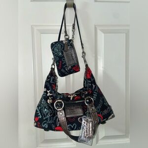 Coach Poppy Graffiti Black, Red, and Silver bag and matching wristlet